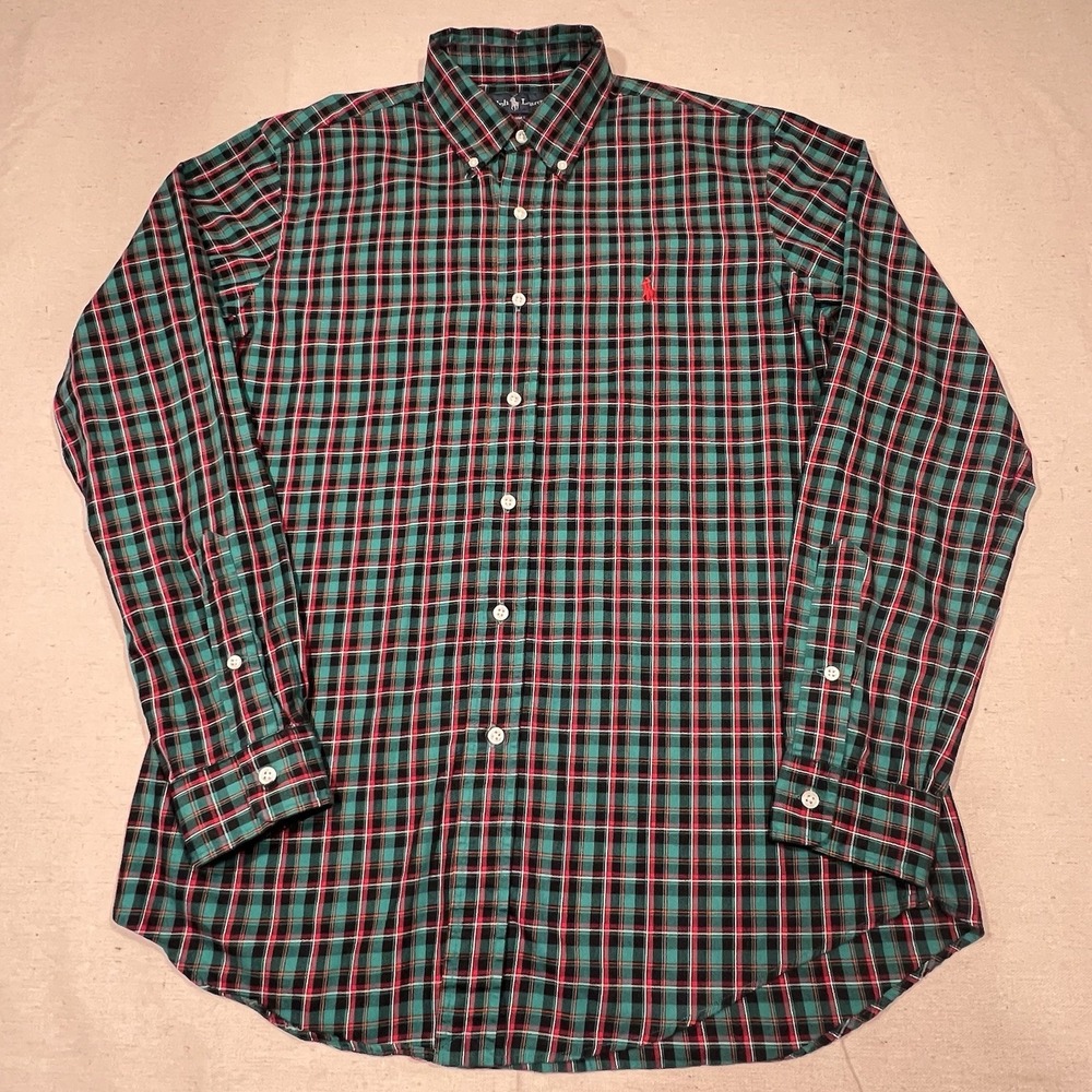 Ralph Lauren Mens Medium Blueish Green Button Up Shirt Windowpane Plaid Red Pony - Picture 3 of 11